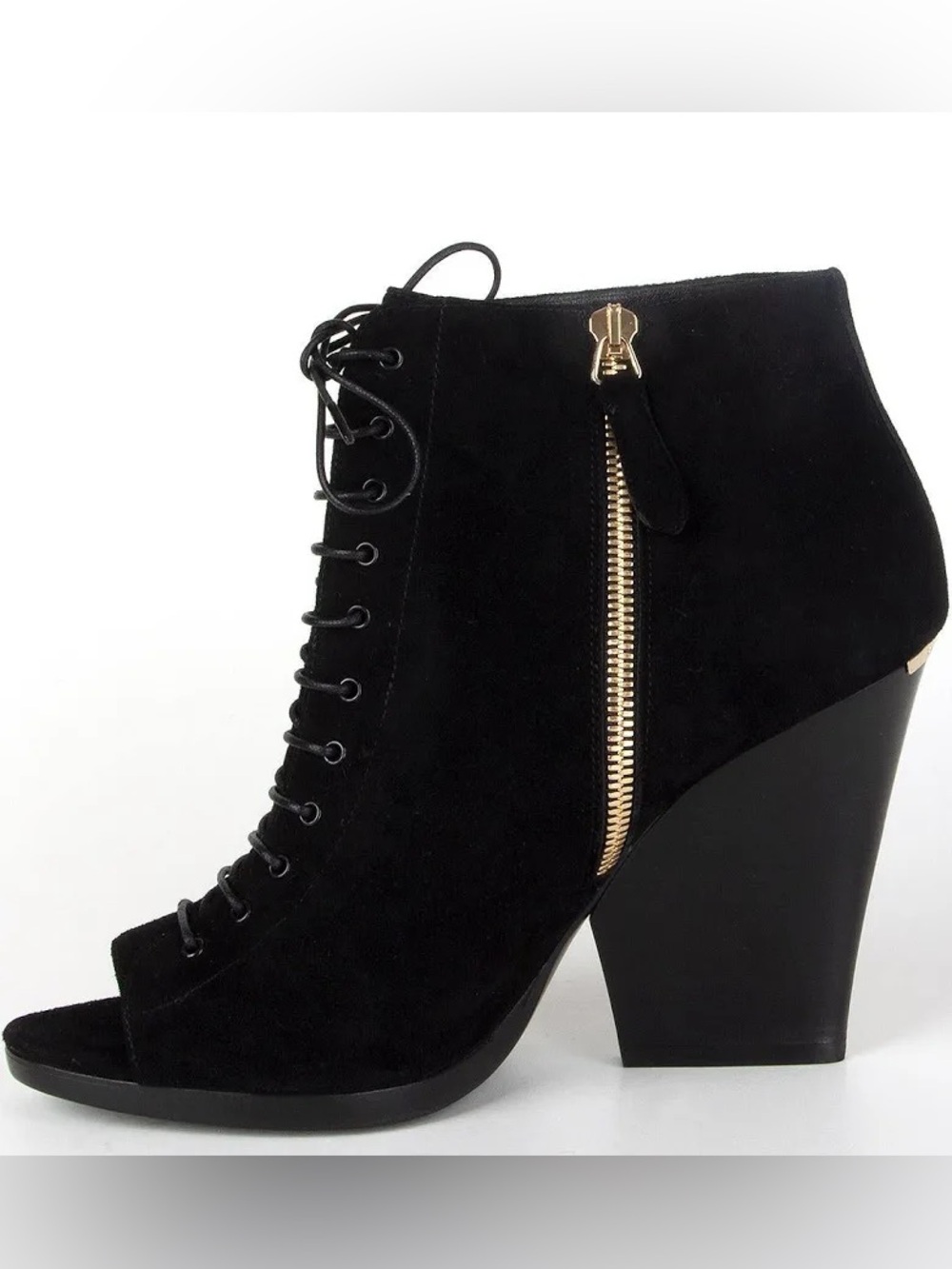 Women's Black Suede Lace-Up Peep Toe Ankle Boot with Gold Zip 9